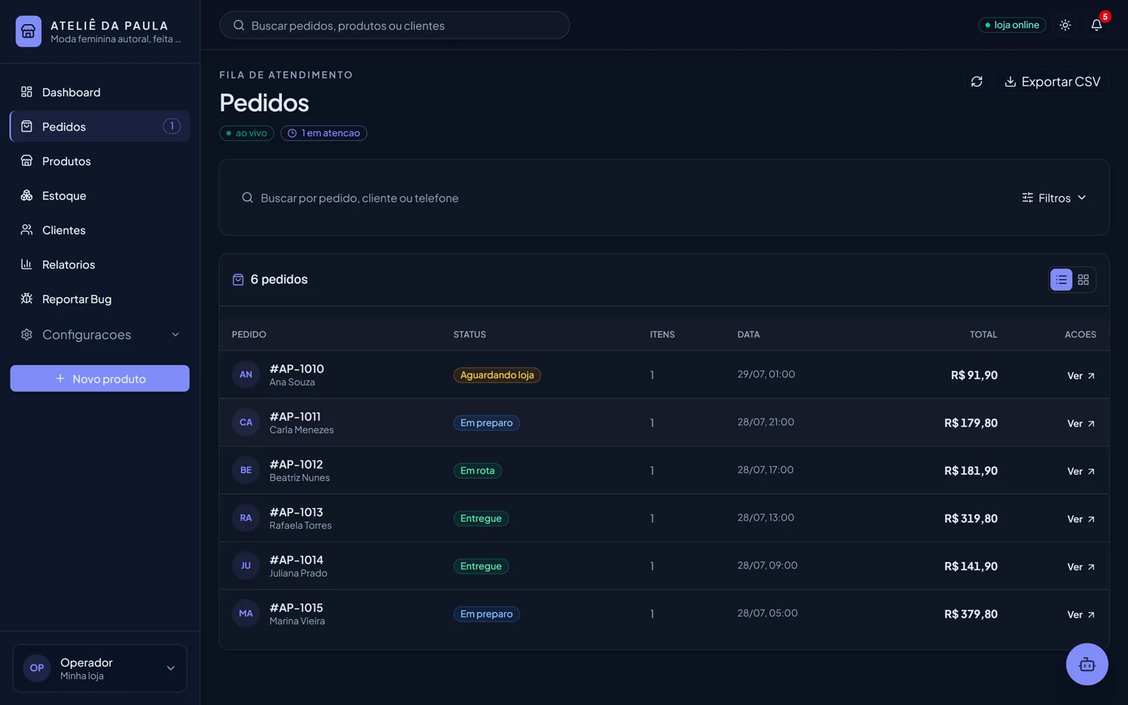 Pedido cai organizado, não perdido na conversa no painel Lojist